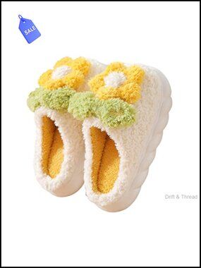 Unisex Plush Floral Slippers Thick Bottom Non-Slip Indoor Warm